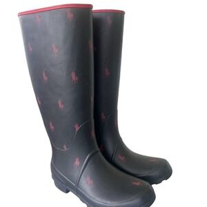 Polo Ralph Lauren Womens Black Rain Boots All-Over Logo Pink Pony Waterproof